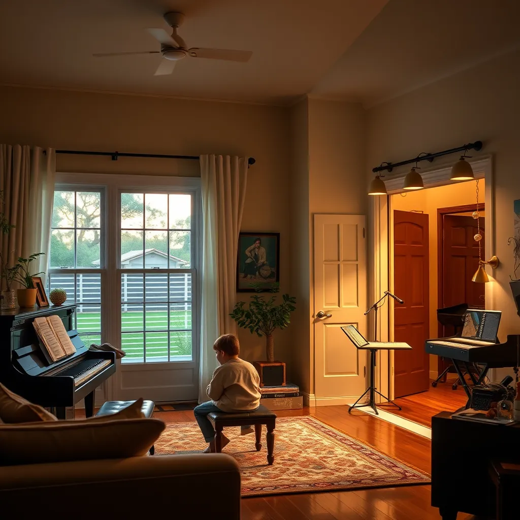 A suburban Dallas home with a music teacher and a student having a piano lesson in the living room, and another scene showing a student arriving at a professional music studio. Both settings are welcoming and well-lit.