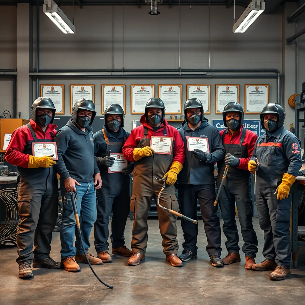 A team of certified welders and blacksmiths in a collaborative pose in a modern workshop, wearing protective gear and holding welding tools, with certificates visibly displayed on the wall behind them, showcasing their expertise and professionalism.