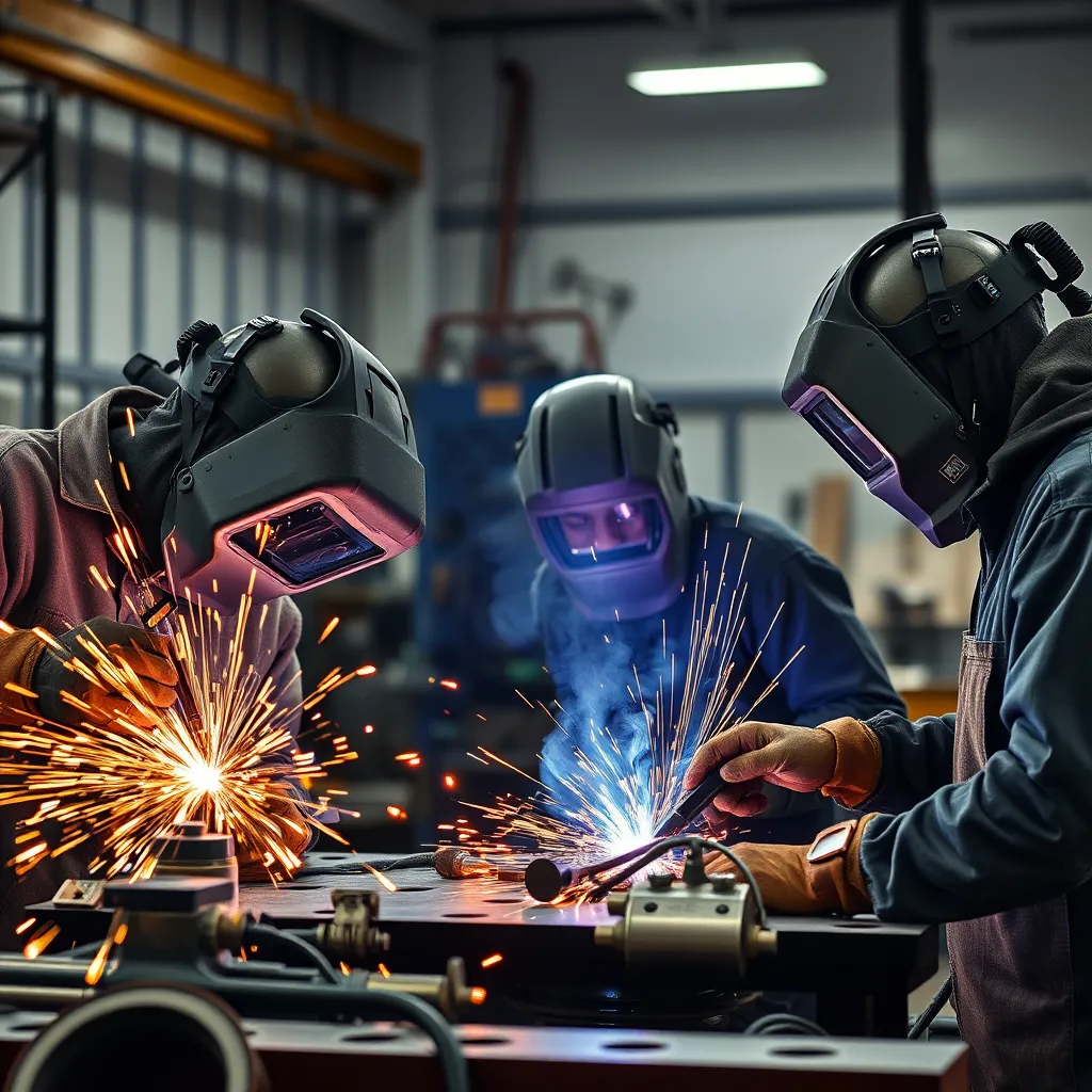 A team of skilled welders working in a modern workshop. They are using advanced welding techniques such as MIG and TIG, with sparks flying and protective gear on. The background shows cutting-edge welding equipment and finely crafted metal pieces.