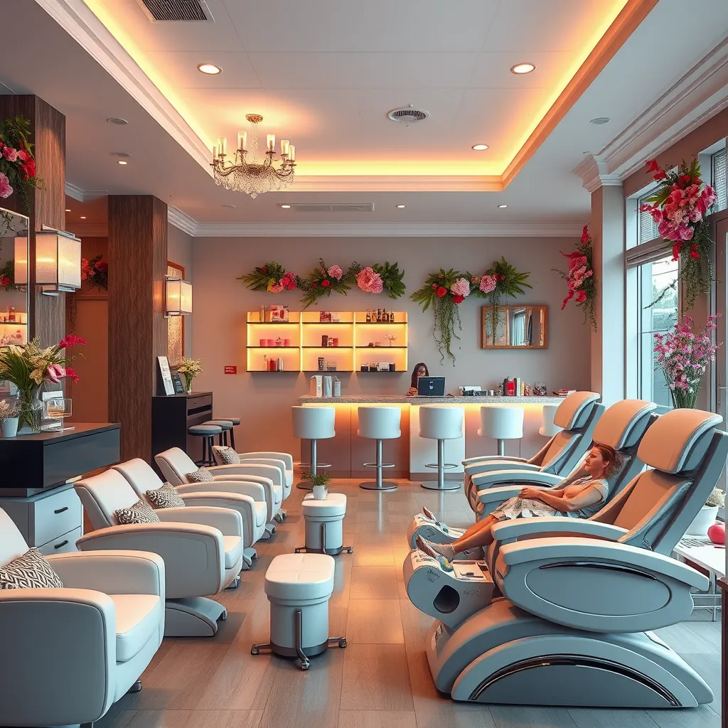 A tranquil and beautifully decorated nail salon interior. Include comfortable pedicure chairs with soft lighting, vibrant floral decorations, and a welcoming reception area. Show a relaxed customer receiving a mani-pedi service, creating a serene and inviting atmosphere.