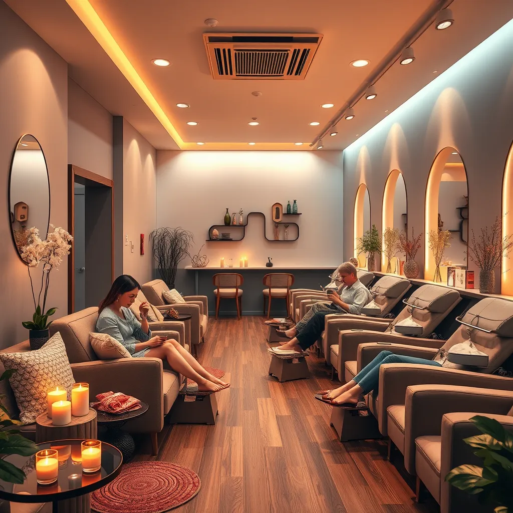 A tranquil nail salon interior featuring soothing colors, comfortable seating, and mood lighting. Clients receiving spa pedicures while sipping herbal tea, with soft music in the background. Showcase elements like candles, plants, and soothing décor for a calm ambiance.