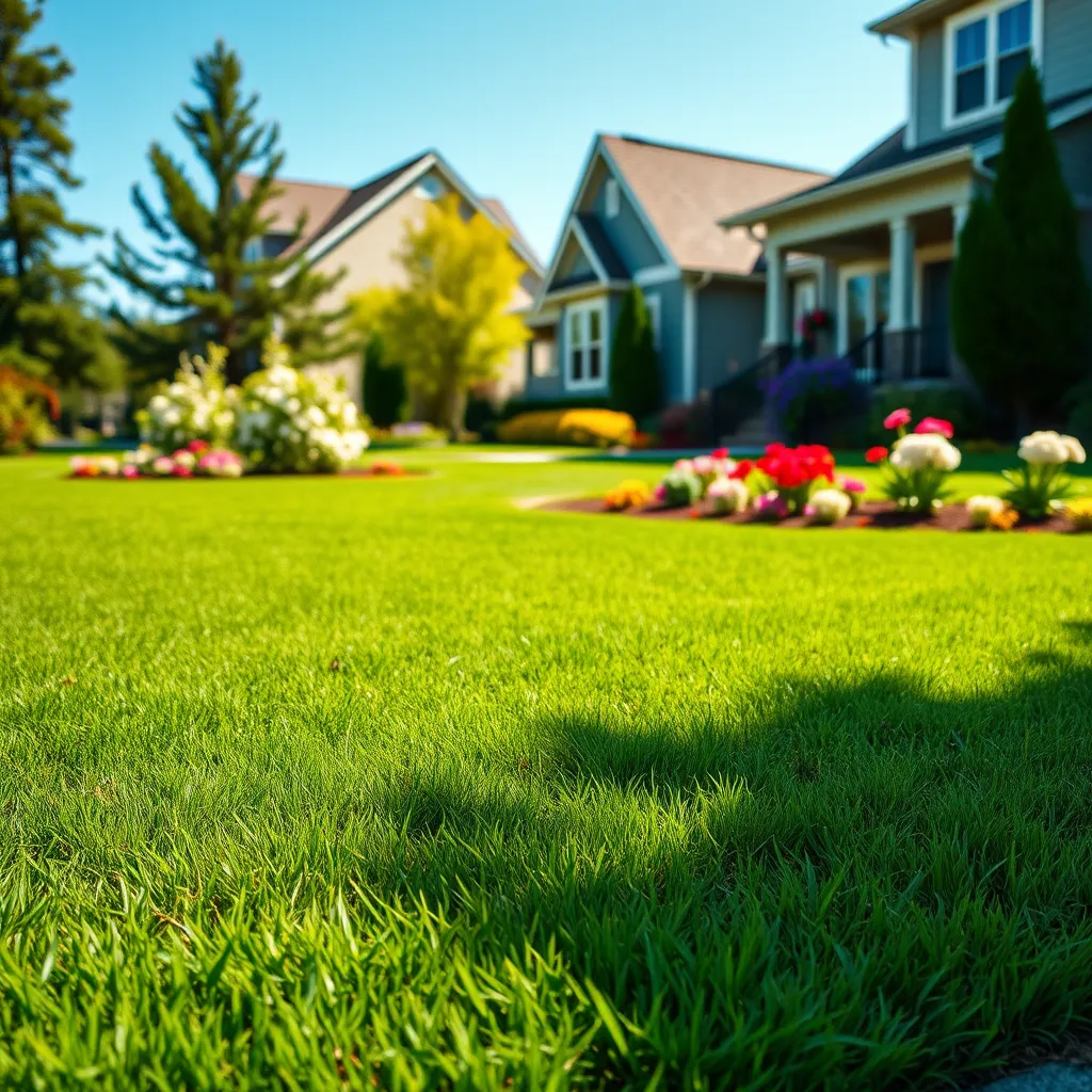 A vibrant, freshly cut lawn in a suburban setting, with sharp, crisp edges outlining flower beds and walkways. The lawn is a rich green color, and nearby, there's a well-maintained house with colorful flowers in bloom, under a clear blue sky.