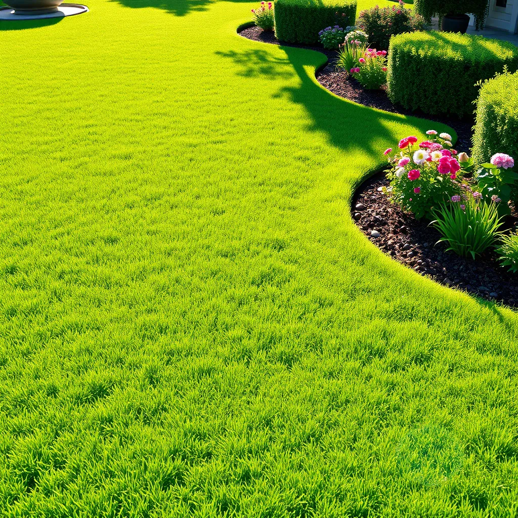 A vibrant, freshly cut lawn with rich green grass, surrounded by well-maintained flower beds. The lawn edges are sharply trimmed, and there are decorative planters with colorful flowers. Bright sunlight casts soft shadows, creating a cheerful ambiance.