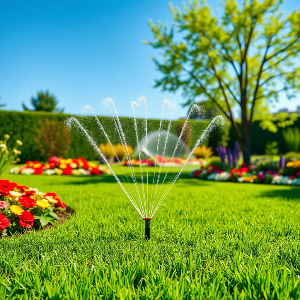 A vibrant, well-maintained lawn with visible sprinkler systems in operation, showcasing even water distribution. Include lush green grass, colorful flower beds, and a clear blue sky in the background, emphasizing the beauty of a perfectly cared-for garden.