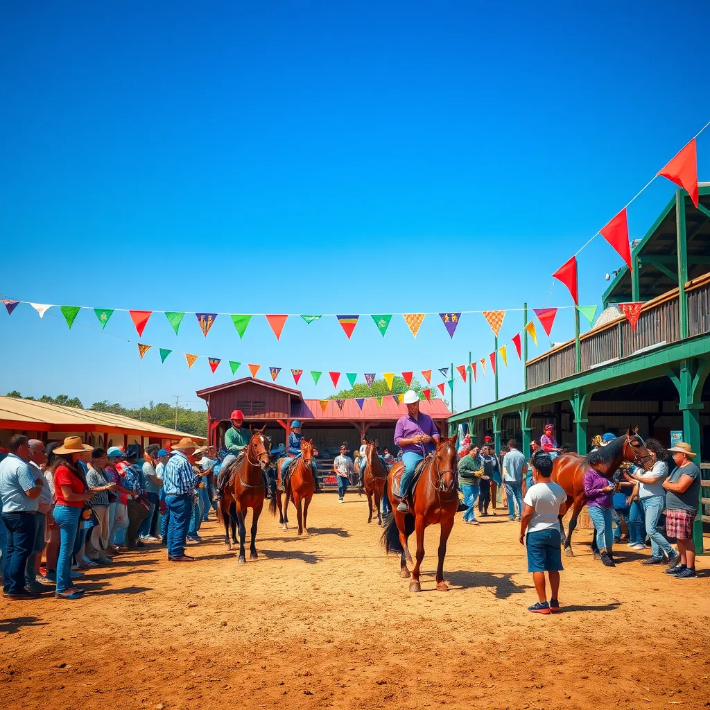 A vibrant community event scene at a horse stable featuring families and friends gathered around, watching a friendly riding competition with colorful banners and decorations, while horses and riders are showcased in the foreground under a clear blue sky.