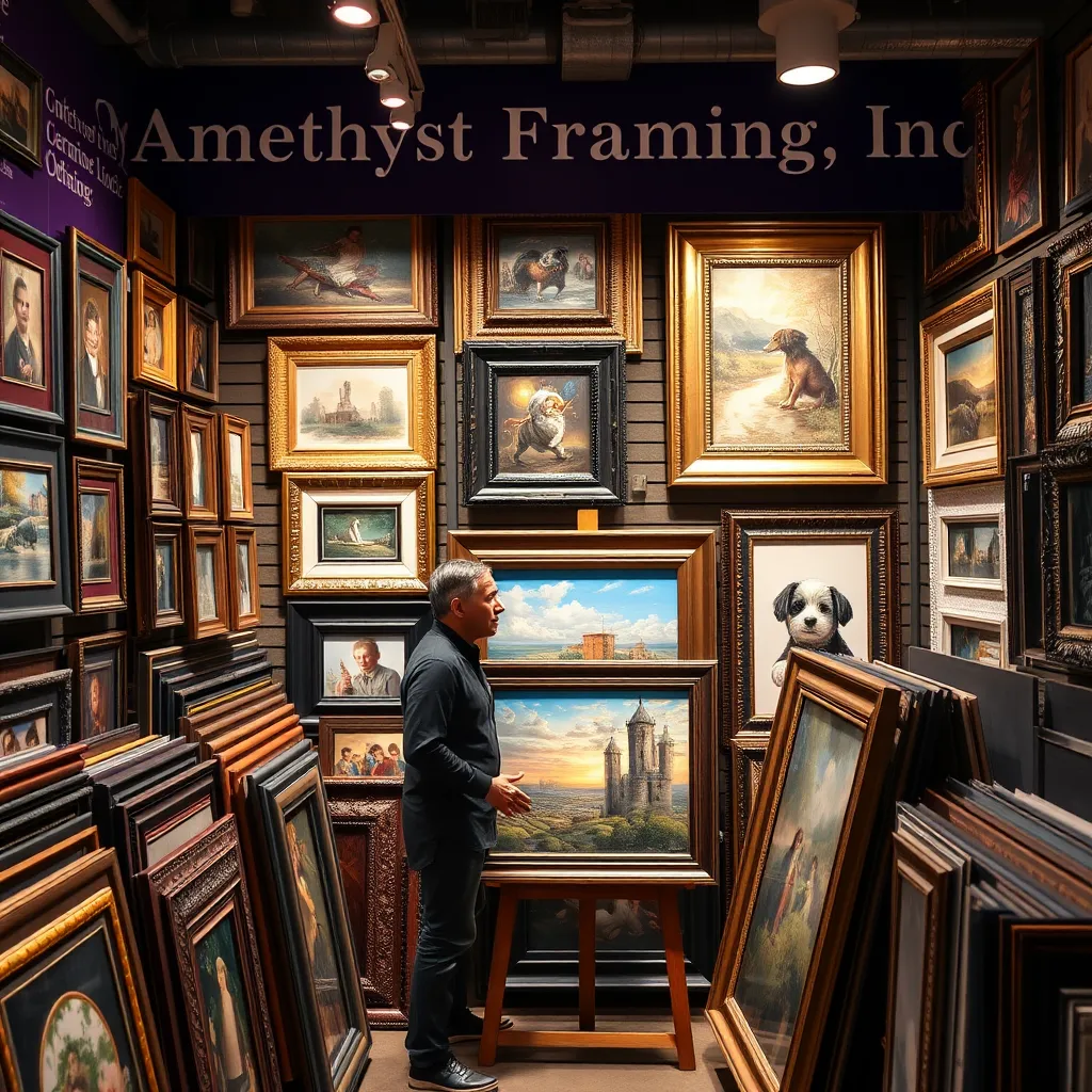 A vibrant display of various framing options at Amethyst Framing Inc., showcasing diverse styles, colors, and custom designs, with a friendly staff member interacting with a customer, discussing framing choices over a beautiful art piece.