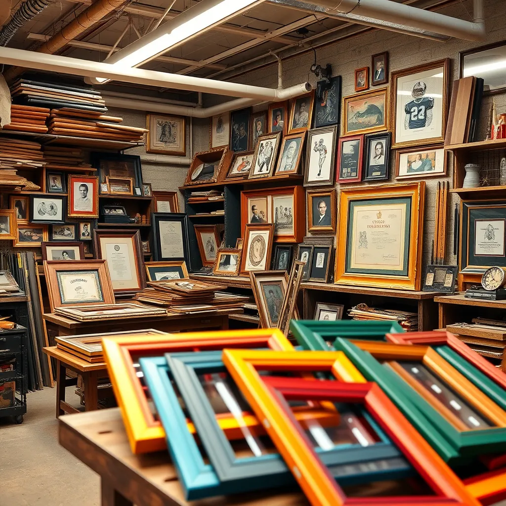 A vibrant framing workshop scene featuring different framing projects in progress—canvas stretching, document framing, and sports memorabilia. The workshop is filled with tools and materials, showcasing the variety of framing options available. Brightly colored frames are arranged on a table.