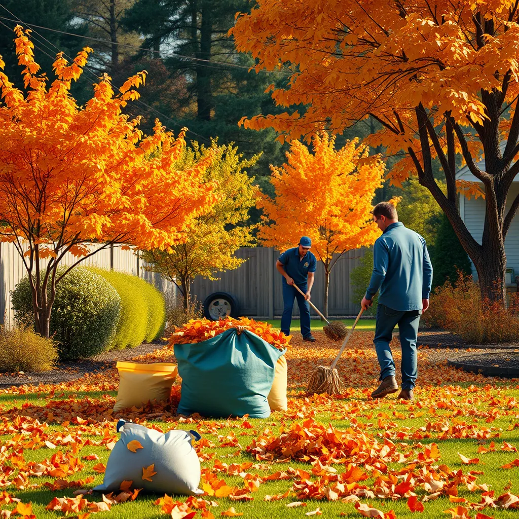 A vibrant image depicting a team of professionals clearing leaves in a yard during fall. The scene shows animated motion with bags of collected leaves and a variety of trees in shades of orange and yellow.