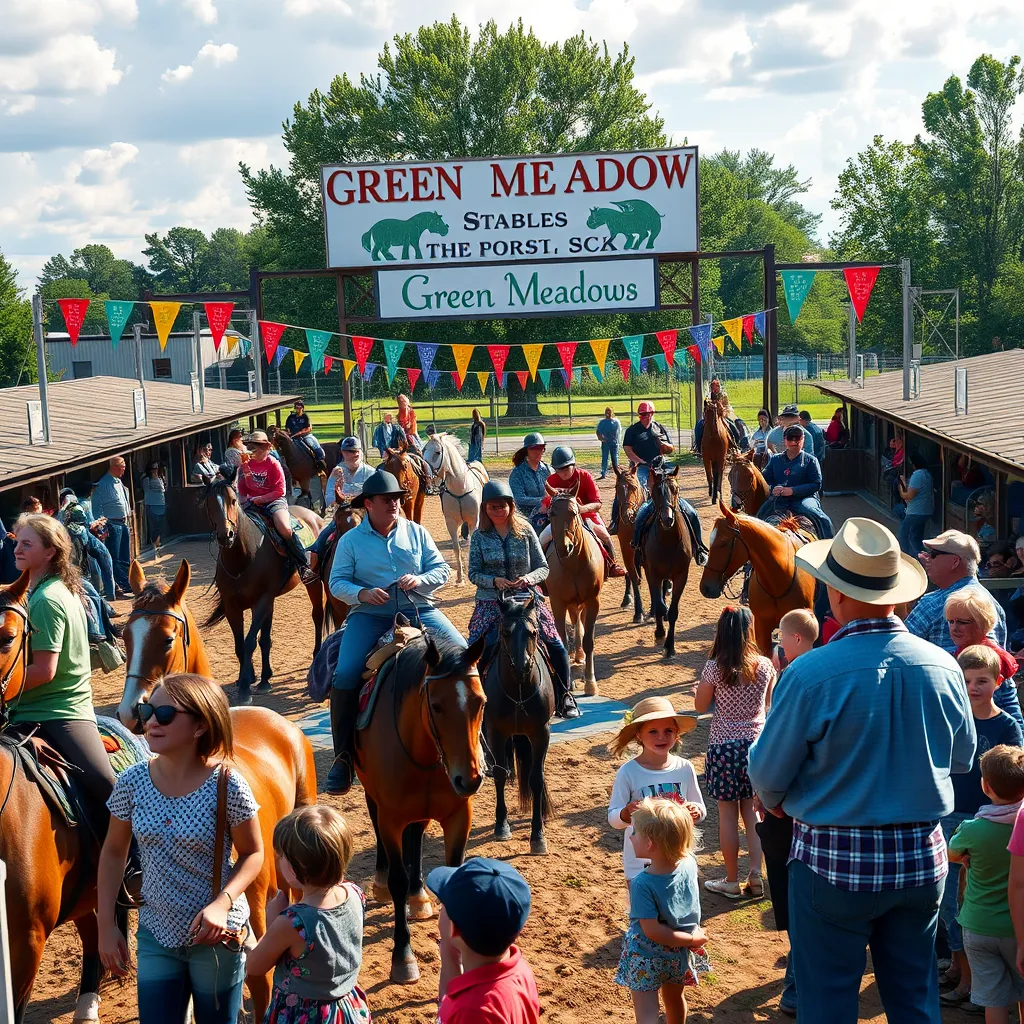 A vibrant image of a community event at Green Meadow Stables, with riders of various skill levels interacting, horses being ridden, and families enjoying the atmosphere. Include colorful banners, stables, and happy faces to convey a sense of community.