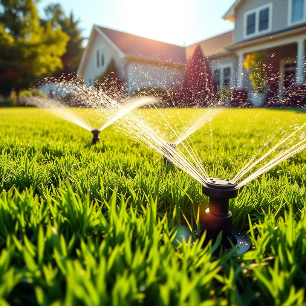 A vibrant lawn with lush green grass and a custom-designed sprinkler system in action, showcasing even water distribution. Sunlight glistens on the grass, with a backdrop of a well-maintained home. Include a technician adjusting the sprinkler system.