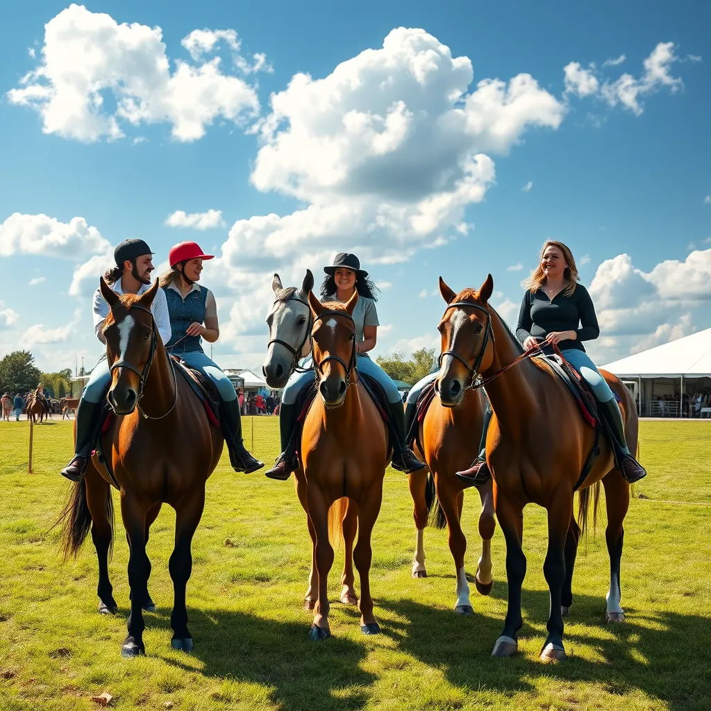 A vibrant scene depicting a group of four diverse riders on well-groomed horses smiling and chatting in a grassy riding area. The background shows a beautiful blue sky with fluffy clouds and the stables visible in the distance, alongside a few spectators enjoying the day.