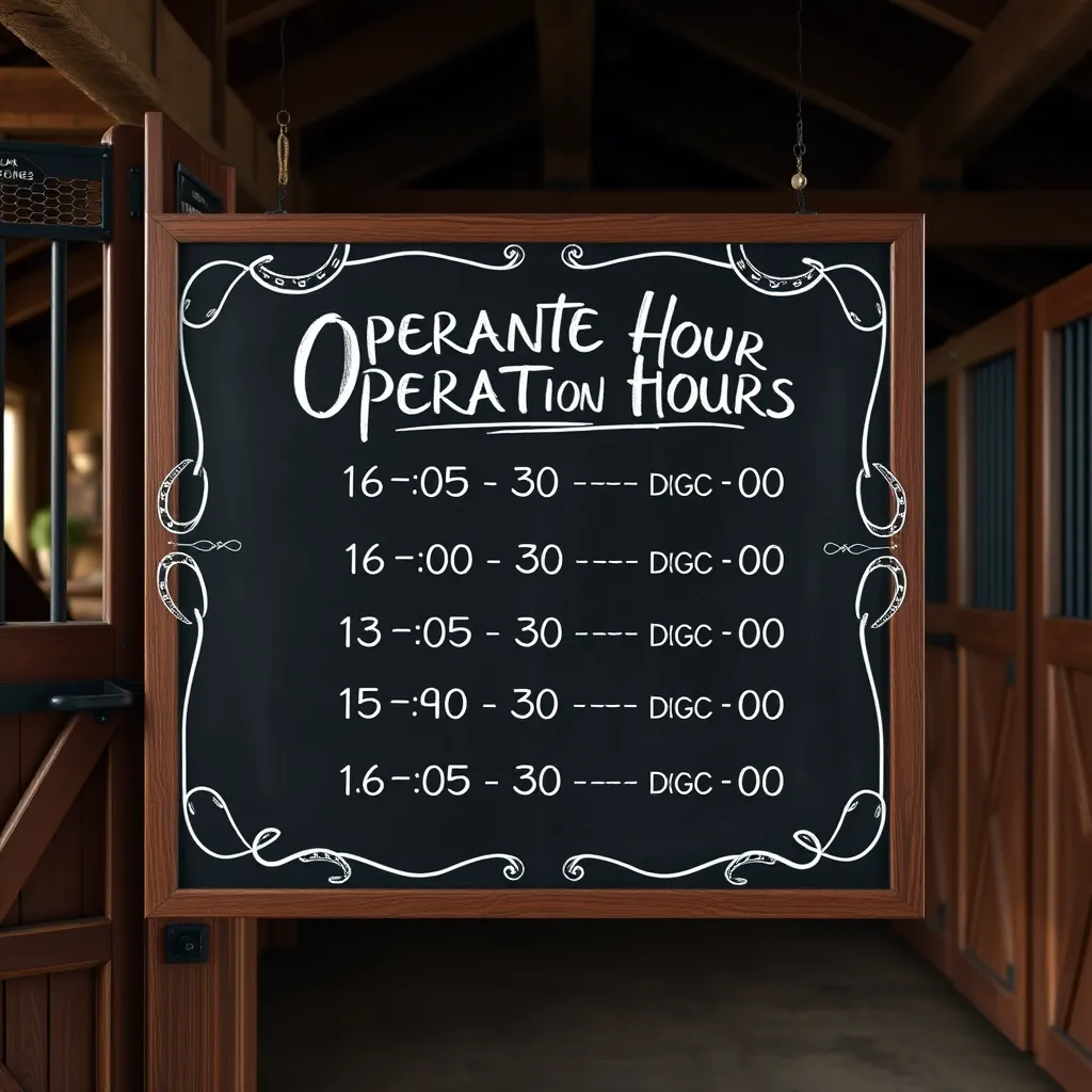 A visually appealing chalkboard with hand-lettered operational hours, set against the backdrop of a rustic horse stable. Framework around the hours should include elements like horseshoes or barn details to enhance the equestrian theme.