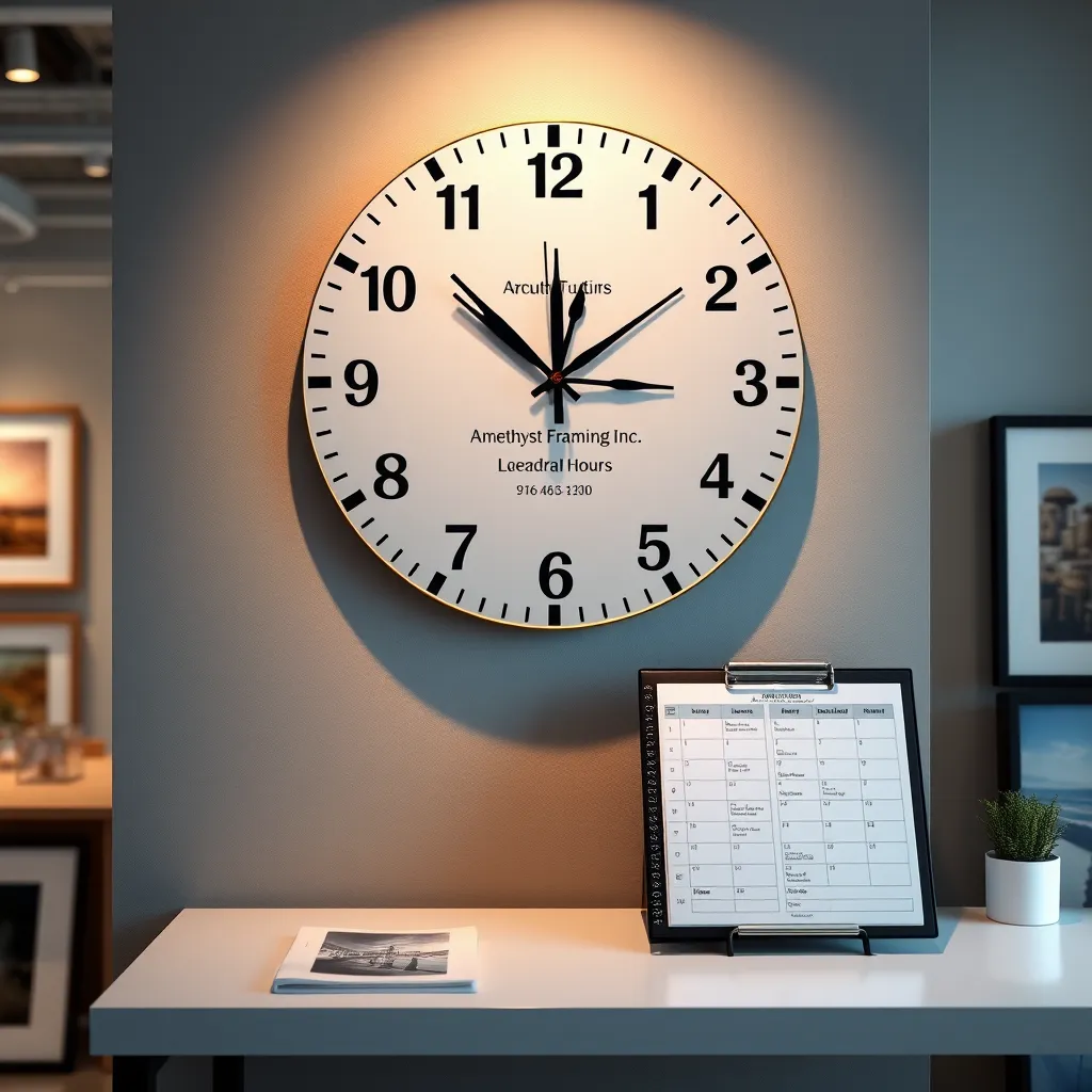 A visually striking wall clock showing various times representing the business hours of Amethyst Framing Inc., alongside a neatly organized planner displaying the schedule. The background features images of framed artwork and a clean, modern workspace.