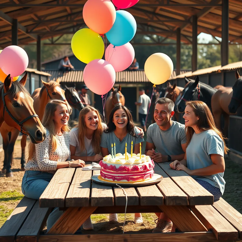 A vivid image of a small group of smiling friends celebrating a birthday in a stable yard, surrounded by horses with balloons and a cake on a picnic table, capturing the festive atmosphere, laughter, and happiness of the moment in a sunny, inviting environment.