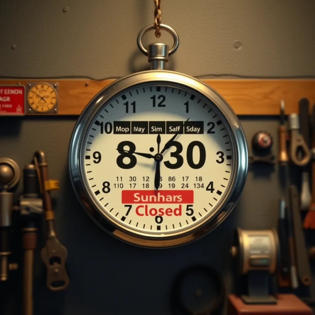 A wall clock showing 8:30 with a calendar highlighting weekdays from Monday to Saturday, and the business's 'closed' sign on Sunday. The background includes welding equipment and tools, emphasizing a workshop environment.