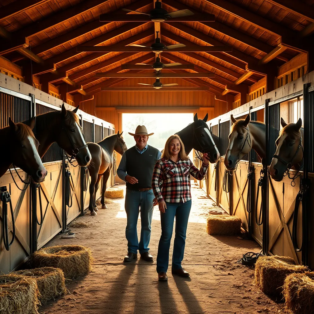A warm, inviting barn interior filled with sunlight, featuring Kevin and Cheryl Barker caring for horses together. The setting includes rustic wooden stalls, hay bales, and horse grooming tools, creating a sense of family and dedication in an equine care environment.