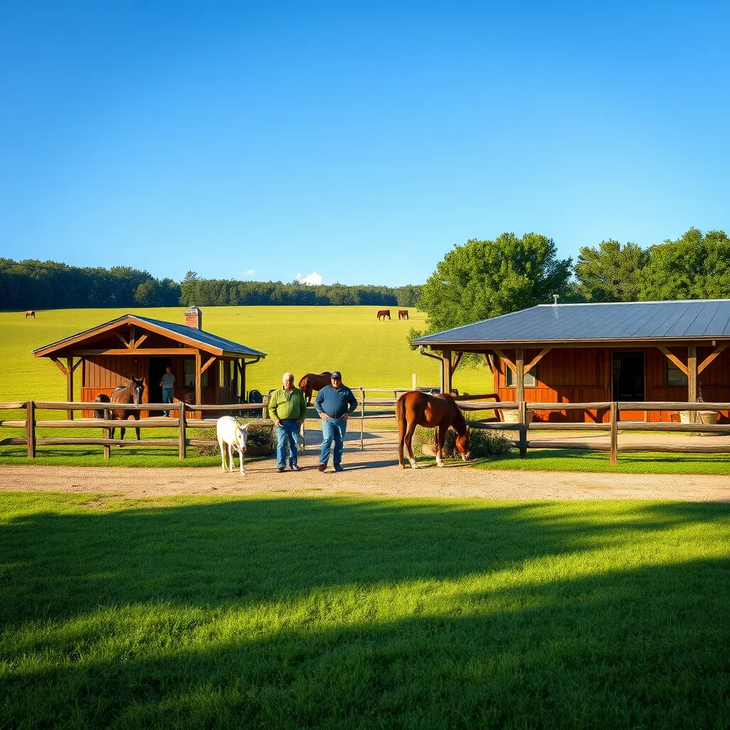 A warm, inviting image of the exterior of Green Meadow Stables, featuring the family owners, Kevin and Cheryl Barker, working together with staff members. The landscape includes lush green fields, wooden stables, and horses grazing peacefully under a blue sky.