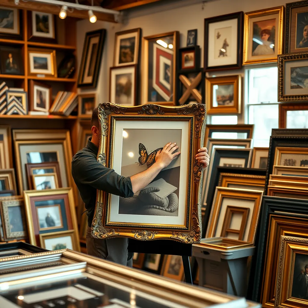 A warm, inviting picture framing studio showcasing various custom frames on display. Include a skilled framer carefully placing an art piece into an ornate frame, with a selection of colorful mats and frames displayed in the background. Soft, natural lighting enhances the craftsmanship.