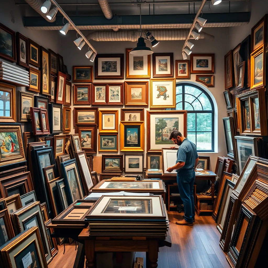 A warm, inviting picture framing studio interior with various custom frames on display. An expert framer works on a personalized project, surrounded by colorful materials, tools, and samples of different frame styles, illustrating the idea of bespoke framing services.