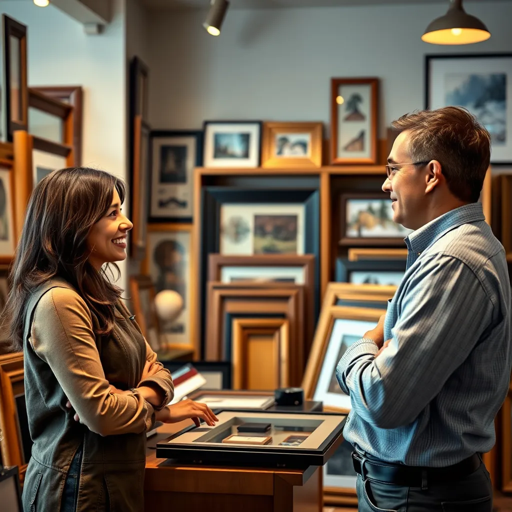 A warm, inviting scene of a customer consultation at the framing shop. A friendly staff member is engaging with a client, surrounded by samples of frames and artwork. The atmosphere should convey a sense of professionalism and friendliness.