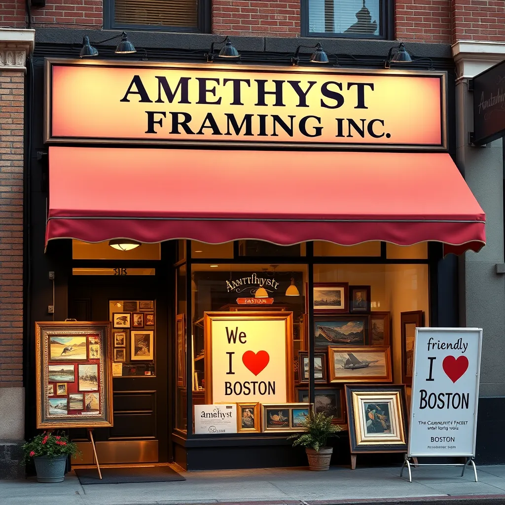 A warm, inviting storefront of Amethyst Framing Inc., with a colorful awning and front display of beautifully framed artworks and collages, symbolizing community spirit, and featuring a friendly sign that says 'We love Boston'.