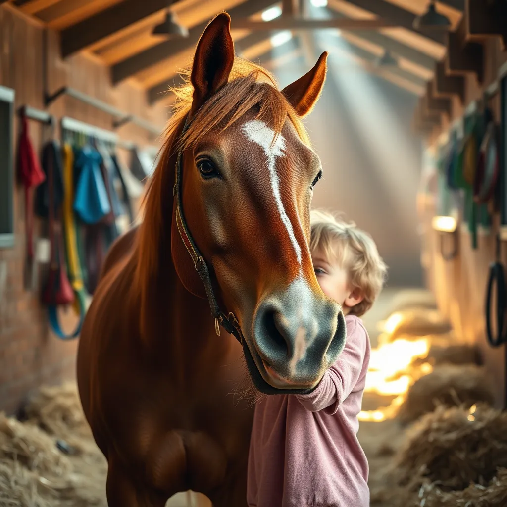 A warm and inviting image of a child laughing while gently brushing a friendly horse in a sunlit barn, surrounded by soft hay and colorful horse gear hanging on the walls, showcasing the happiness of bonding with animals.