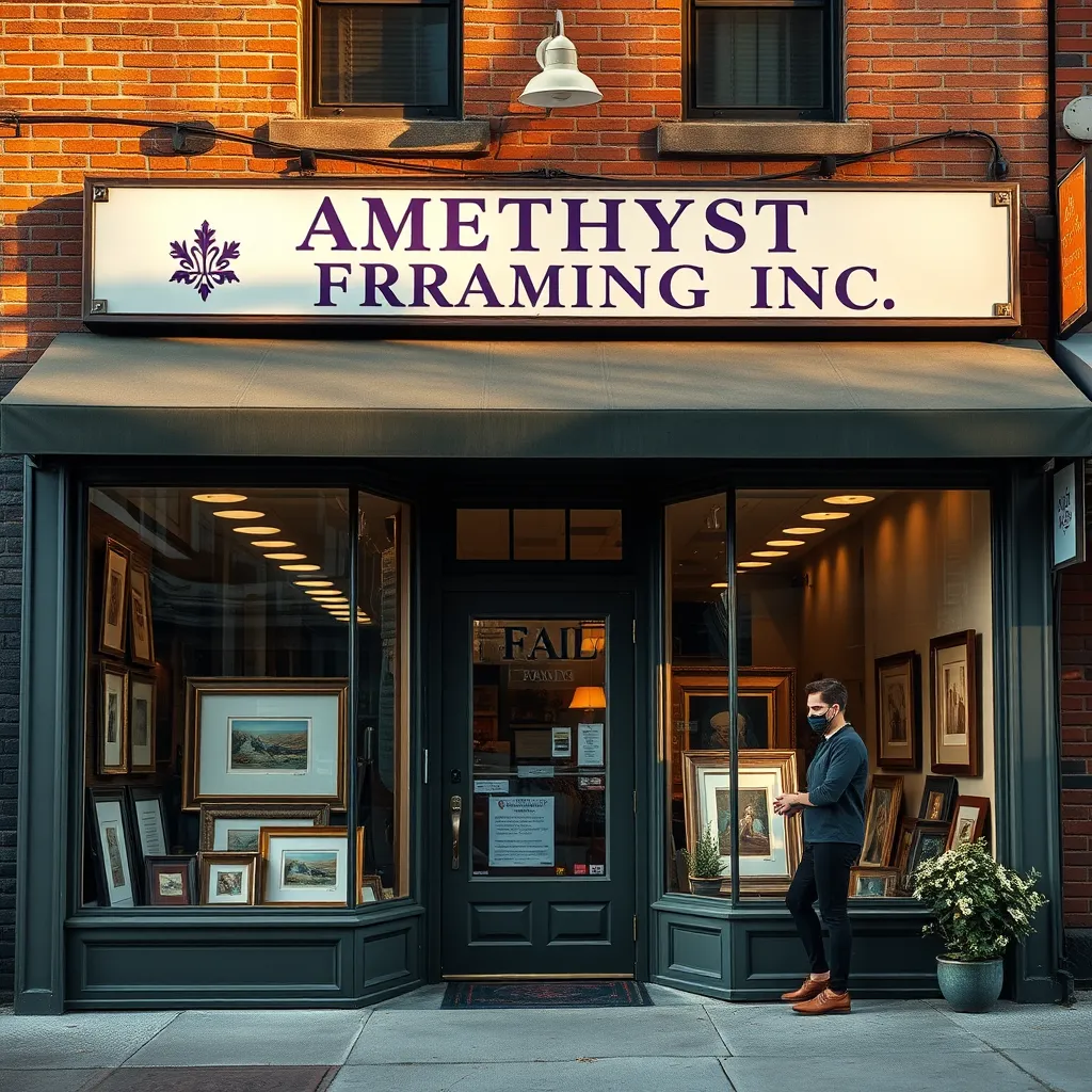 A warm and inviting storefront of Amethyst Framing Inc. in Boston, showcasing its sign and window displays with framed artwork, along with a friendly staff member greeting customers, highlighting the community-focused aspect of the business.
