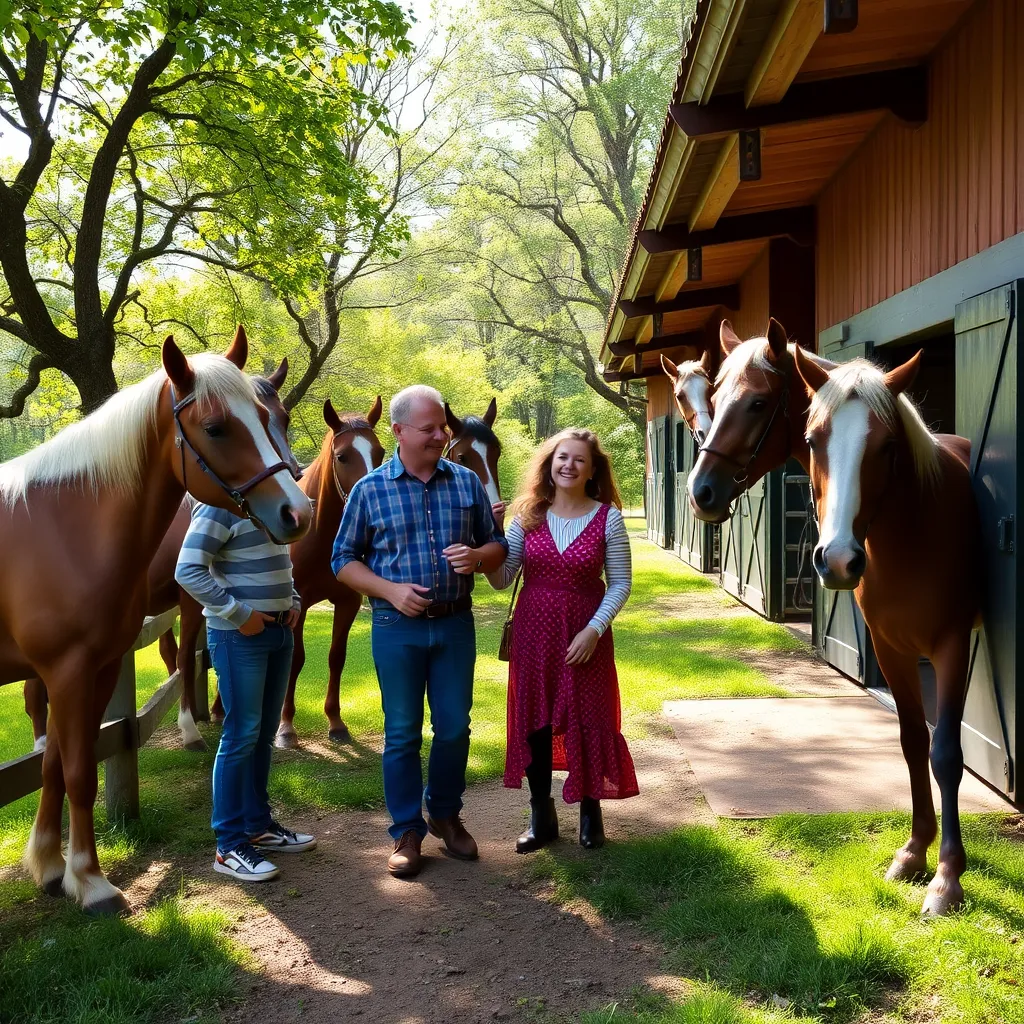 A warm and welcoming scene of Green Meadow Stables, featuring the family owners, Kevin and Cheryl Barker, interacting with happy horses in lush green pastures. The stable is rustic yet modern, with sunlight filtering through trees, showcasing the love and care at this facility.