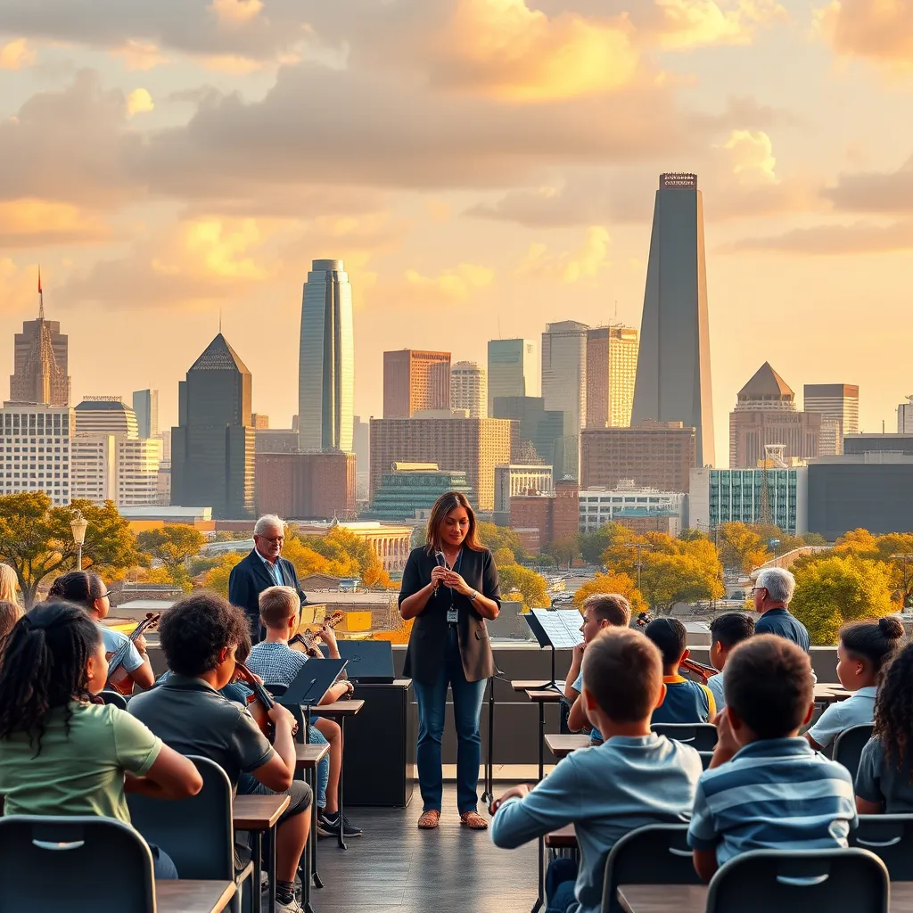 A welcoming cityscape of Dallas with a focus on a friendly music school, showing diverse students and a teacher engaged in lessons. The image includes iconic Dallas landmarks in the background.
