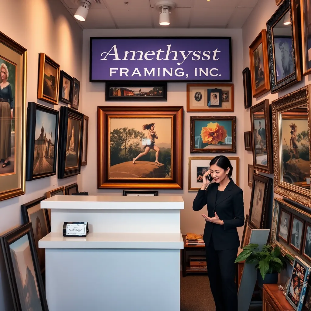 A welcoming office environment of Amethyst Framing Inc. in Boston, with a friendly staff member answering a phone call, surrounded by diverse framed artworks such as paintings, photographs, and mirrors displayed elegantly on the walls.