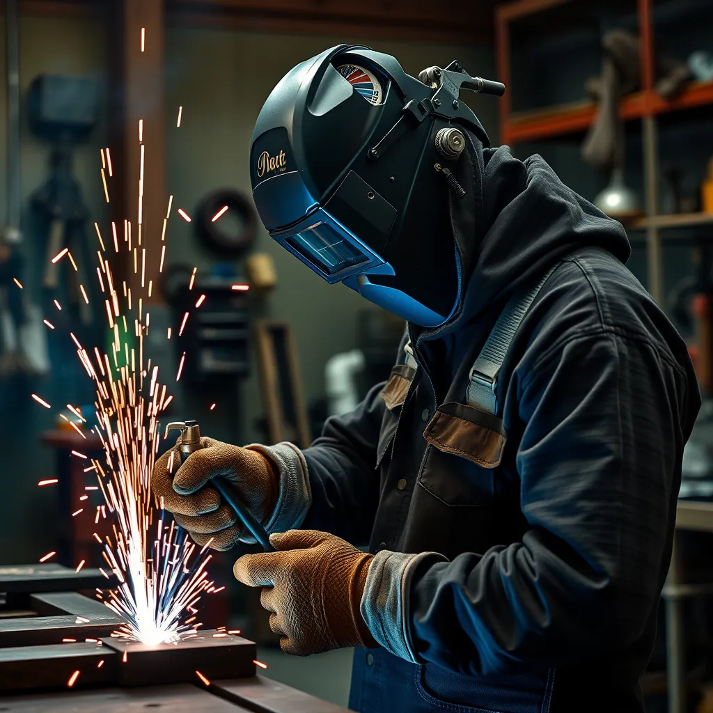A welder in a welding shop wearing protective gear, holding a welding torch, sparks flying from the metal being welded, with various metalworking tools and equipment in the background. The workspace is clean and organized, reflecting professionalism and skill.