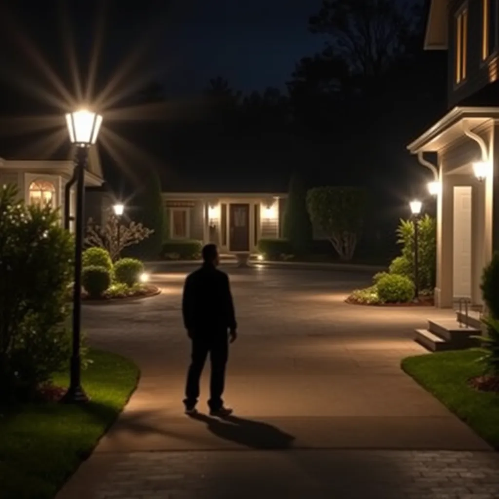 A well-lit driveway and entrance to a home, featuring bright outdoor lights illuminating the path and surrounding areas. The scene includes a shadowy figure hesitating at the edge of light, implying a sense of security and deterrence against intruders.