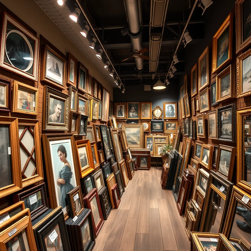 A wide-angle view of a vibrant display of framed artworks and objects, including mirrors, shadow boxes, and various frames in a stylish showroom. The display should reflect a mix of modern and antique styles with tags indicating the types of items that can be framed.
