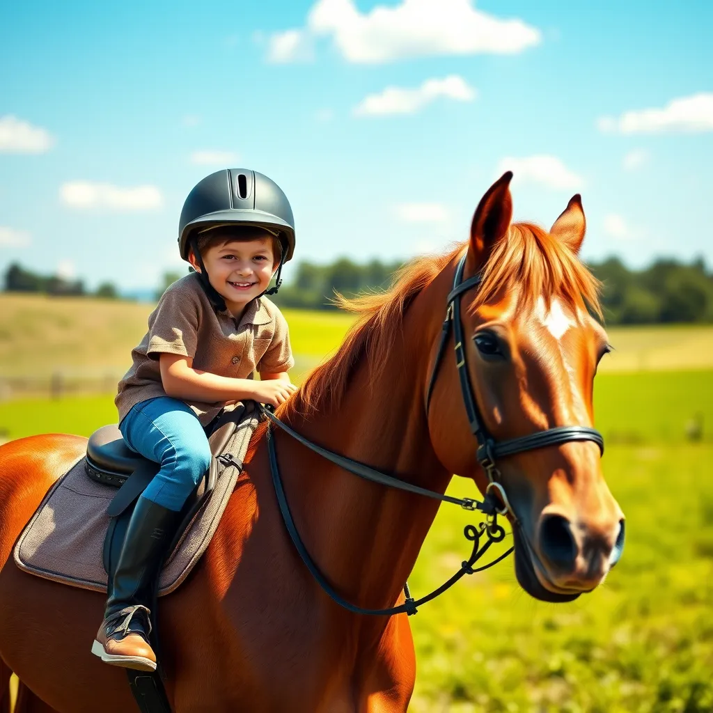 A young rider, smiling broadly, sitting confidently on a chestnut horse in a sunny field. The background shows green pastures and blue skies. The rider wears a protective helmet and casual riding attire, while the horse has a shiny coat, displaying a sense of happiness and companionship.