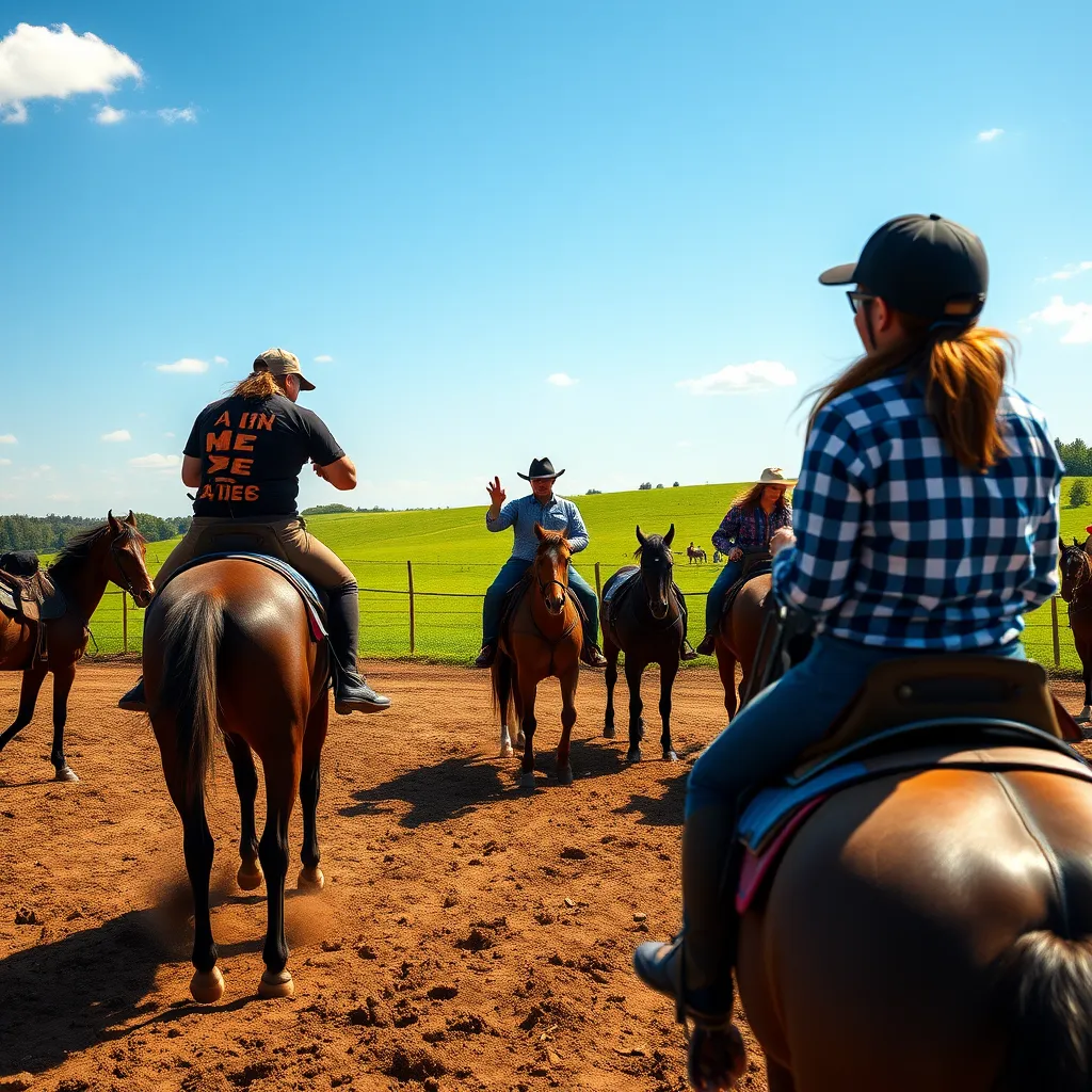 An action scene with a riding instructor demonstrating techniques to a group of eager riders in an open arena. The backdrop features clear blue skies, lush green pastures, and horses interacting. The atmosphere is vibrant and energetic.