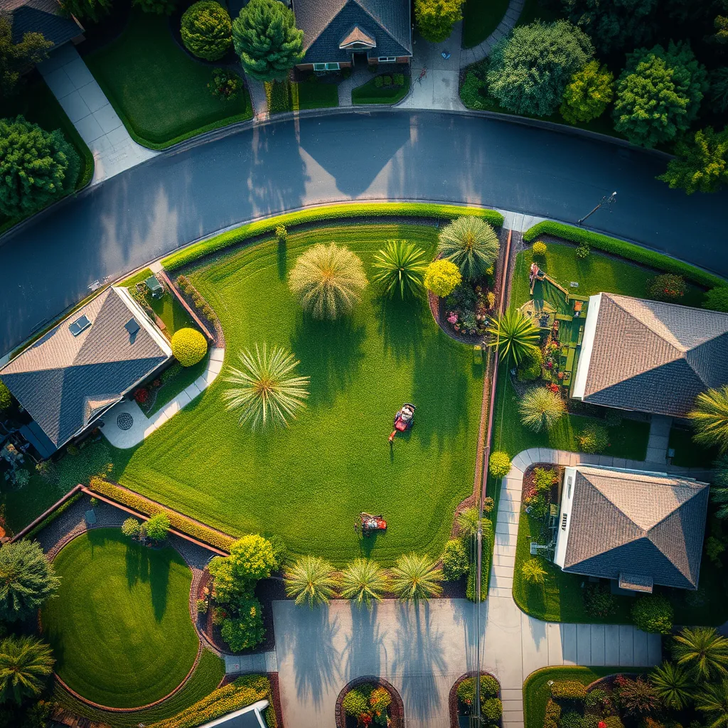 An aerial view of various lawn care activities being performed on different properties: lawn mowing, shrub trimming, and fertilizing in action. Diverse landscapes are shown, from residential to commercial, depicting the breadth of services offered by Green Oasis Lawn Maintenance.