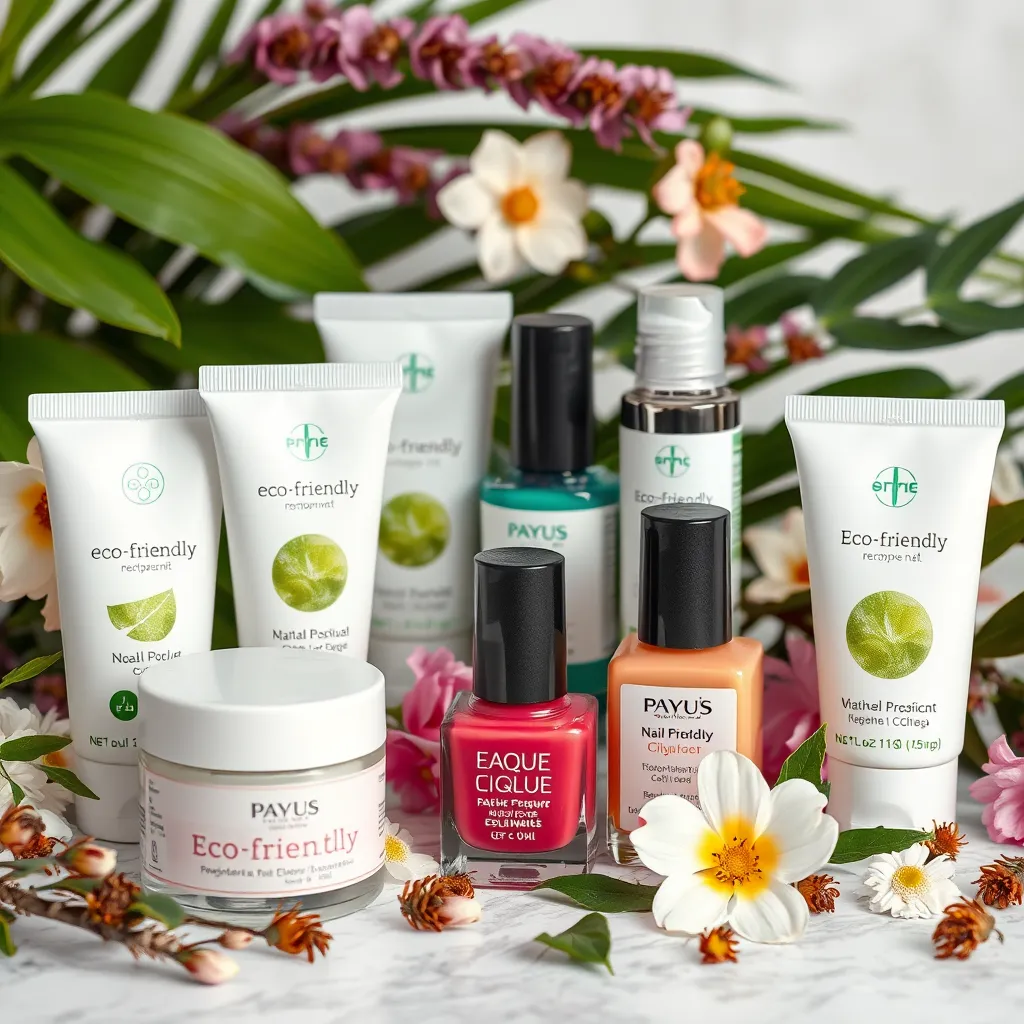 An aesthetically pleasing display of eco-friendly nail products, including polish and creams, arranged artistically with natural elements like leaves and flowers. Highlight the products' labels indicating their environmentally responsible nature.