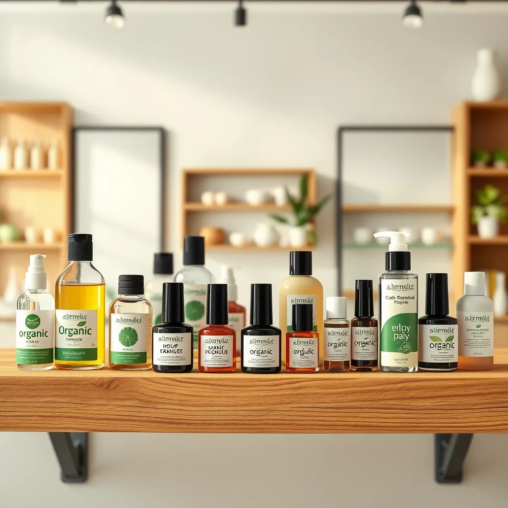 An array of eco-friendly nail products displayed elegantly on a wooden shelf, highlighting labels such as 'organic' and 'non-toxic'. A serene salon backdrop, emphasizing cleanliness and sustainability.