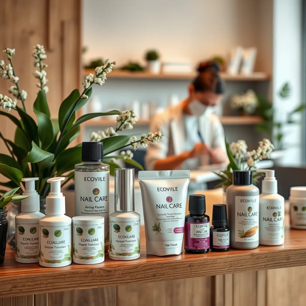 An array of eco-friendly nail care products displayed elegantly on a wooden shelf in a nail salon. The products should be beautifully packaged, with botanical elements in the background. Include a glimpse of a technician preparing these products for a nail service, emphasizing a commitment to quality and sustainability.