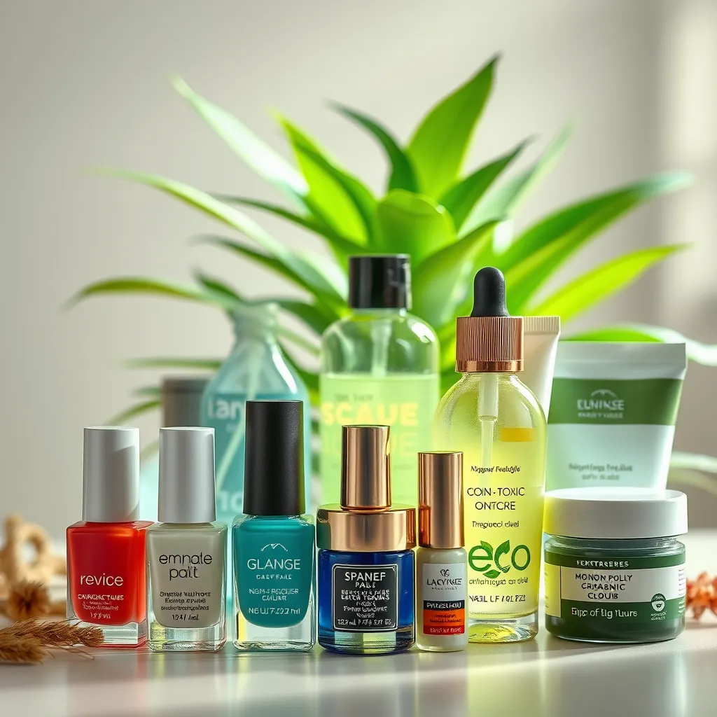 An array of eco-friendly nail care products displayed in a visually appealing manner, featuring non-toxic nail polishes and organic scrubs. Include a glowing green plant in the background, symbolizing environmental responsibility, with soft natural lighting.