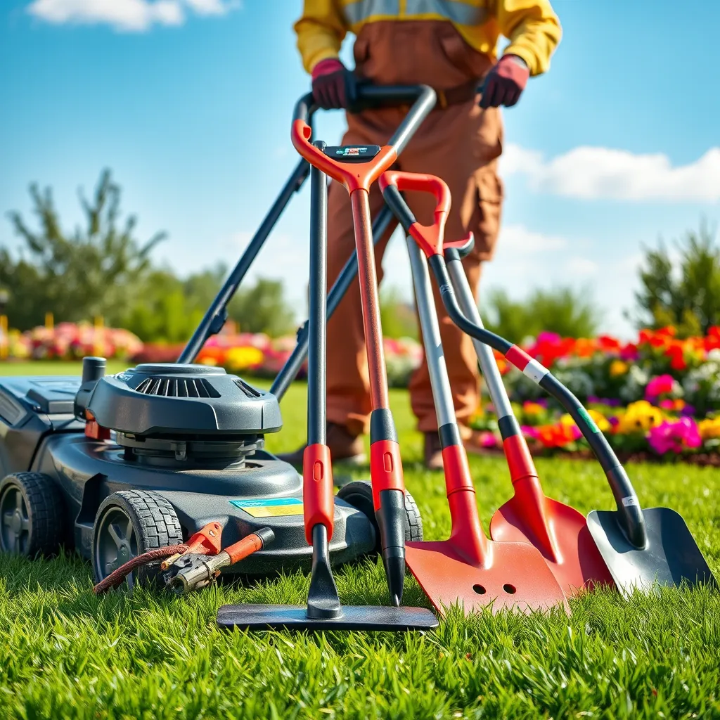 An array of lawn care tools displayed neatly: a mower, trimmers, and gardening shovels. In the background, a lush lawn and colorful flowerbeds, with a bright blue sky overhead. A professional in work gear is tending to the landscape.