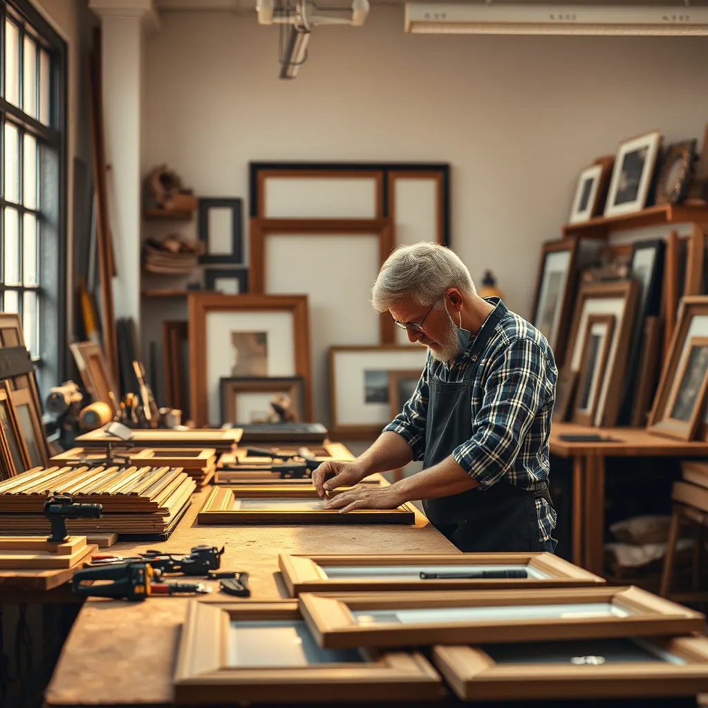 An artisan at work in a professional framing studio, carefully measuring and cutting frame materials. The workstation is filled with tools, a variety of frames, and finished products. Warm, natural light filters through a window, illuminating the craftsmanship.