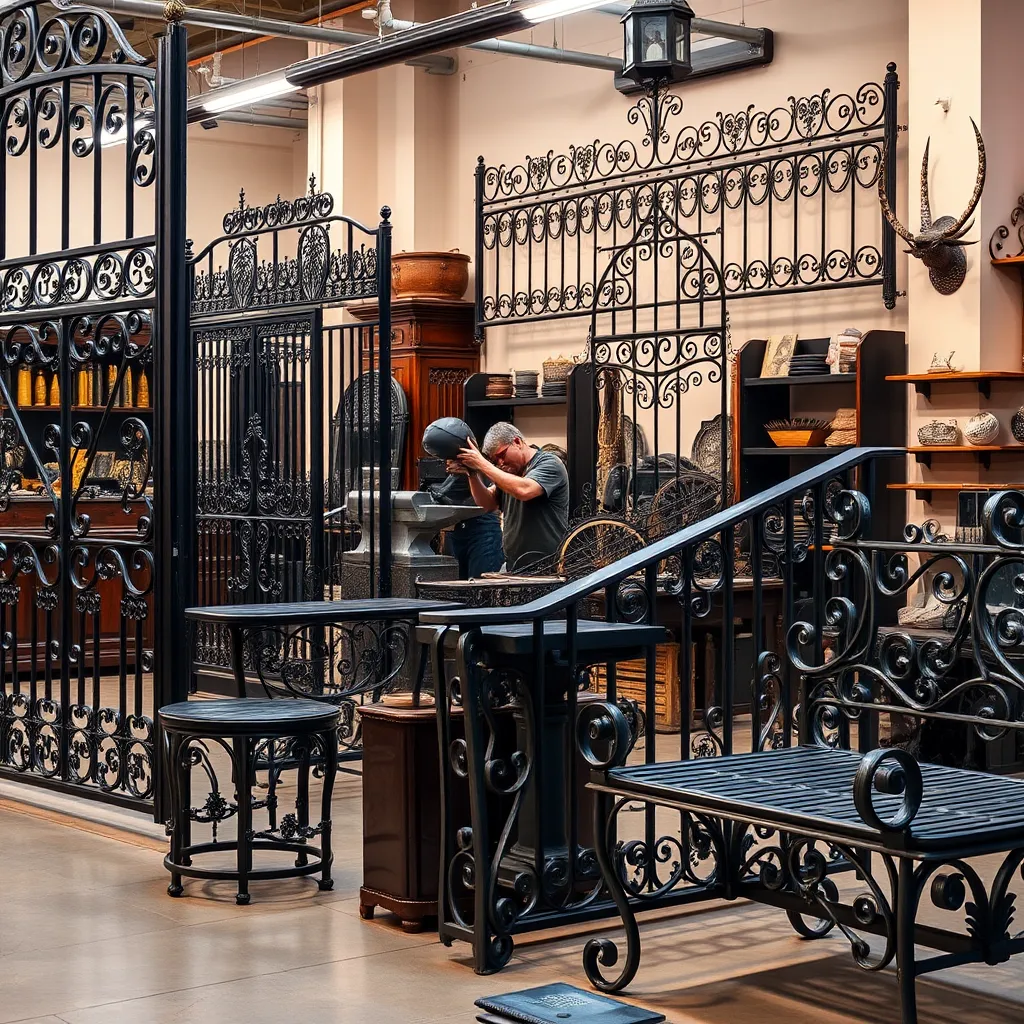An artistically arranged display of handcrafted metal products like ornate gates, stylish railings, and durable steel furniture. The setting is an upscale showroom with bright, warm lighting highlighting the intricate details and craftsmanship. A blacksmith is seen in the background shaping metal on an anvil.