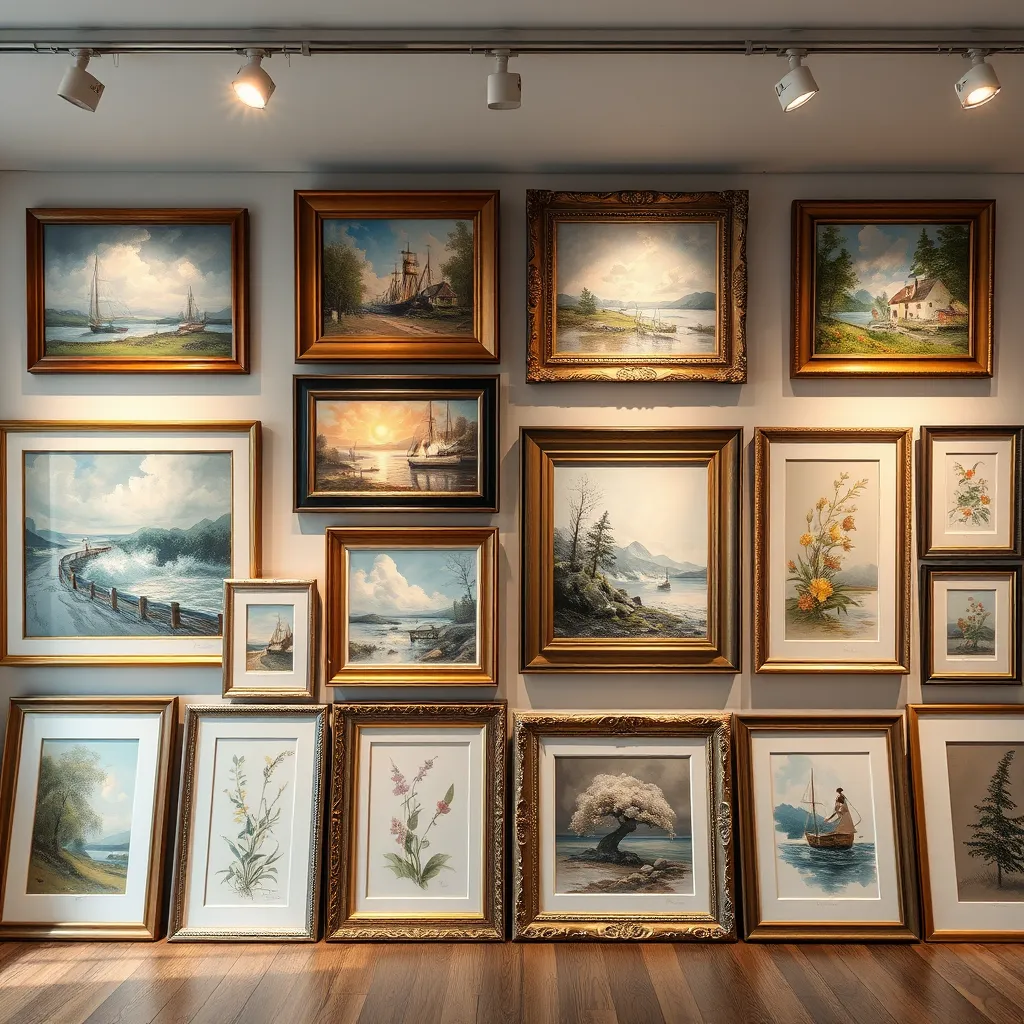 An assortment of framed artworks, including oil paintings, watercolors, and limited edition prints, displayed in a stylish gallery setting. Each frame has a different design, showcasing the diversity of art styles, with spotlights illuminating the pieces.