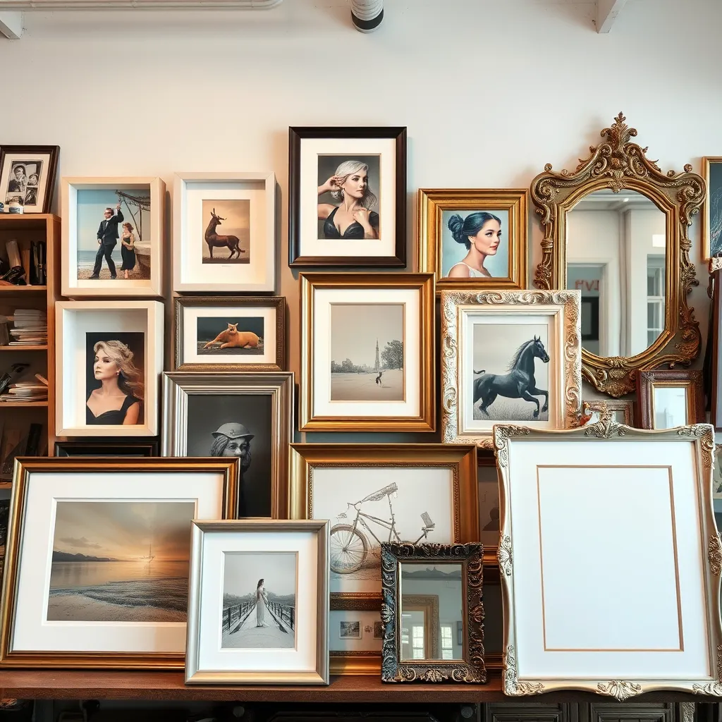 An assortment of framing options displayed together, including shadow boxes, canvas stretching, and elegant mirrors. Each frame features different artworks or items, creating a colorful and diverse collage. The background is a welcoming framing studio with tools and materials.