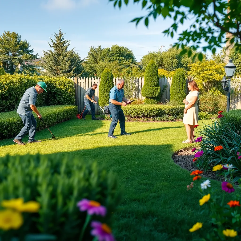 An assortment of lawn care services being performed: a technician trimming hedges, another aerating the lawn, and a couple discussing plans in a well-kept garden. Bright flowers and greenery enhance the scene reflecting a vibrant outdoor space.