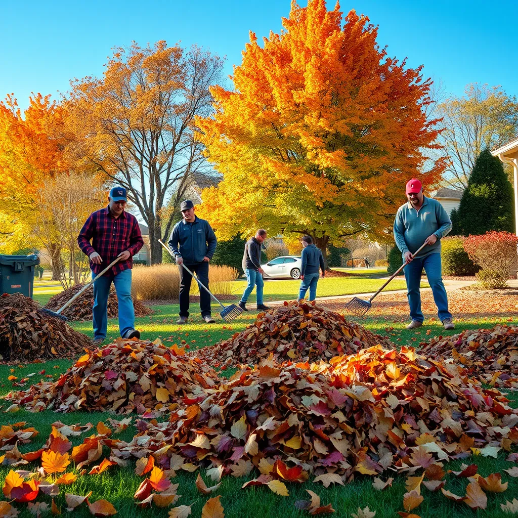 An autumn scene showing a landscaping crew cleaning up a yard with rakes and leaf blowers. Piles of colorful leaves are scattered around, with trees in the background showcasing their fall foliage. A clear blue sky complements the vibrant atmosphere.