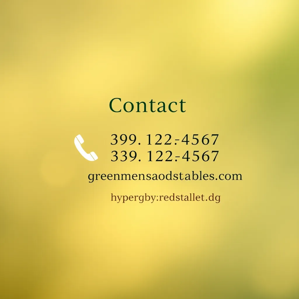 An elegant, minimalist design of a contact information layout on a webpage. Include a phone icon and email icon next to 'Tel: (339) 123-4567' and 'Email: info@greenmeadowstables.com'. The background features soft, natural colors to reflect a stable's serene environment.