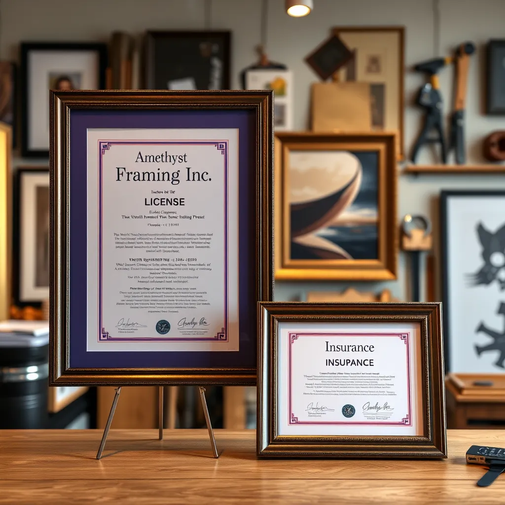 An elegant display of Amethyst Framing Inc.’s license and insurance certificates framed in a stylish setting, alongside a beautifully framed piece of art. The background could include a well-lit workshop with framing tools and art supplies.