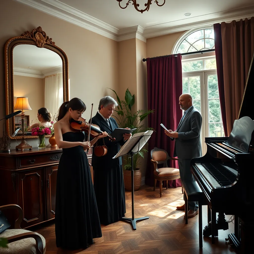 An elegant home music room with soft, diffused lighting. A music teacher, an experienced professional in their mid-40s, offers guidance to a young woman practicing the violin and a middle-aged man working on vocal exercises. The room features a large mirror, wooden furniture, and rich, deep colors like burgundy and navy blue to create an atmosphere of focus and sophistication. The violinist stands beside a music stand with sheet music, while the vocalist stands near a grand piano. Plants and a large window hint at a serene outdoor garden. Textures of the violin's wood and the softness of a velvet curtain are highly detailed. The camera angle is slightly angled upward to capture both the violinist and vocalist in a dynamic composition. Inspired by the realistic yet atmospheric style of Johannes Vermeer, this image should feature ultra-detailed, hyperrealistic textures and lighting. 8K resolution.